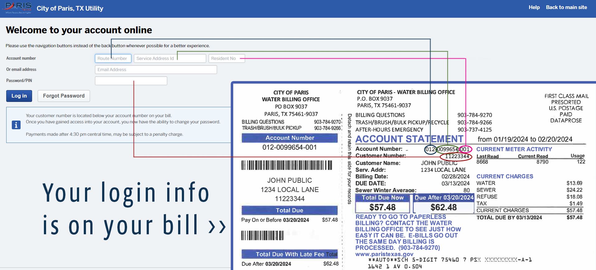 diagram of where to locate login information on a water bill