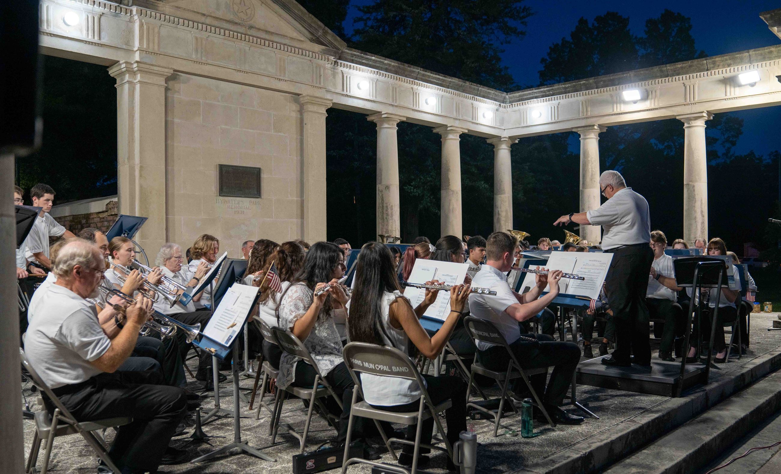 Paris Municipal Band playing on Peristyle of Bywaters Park